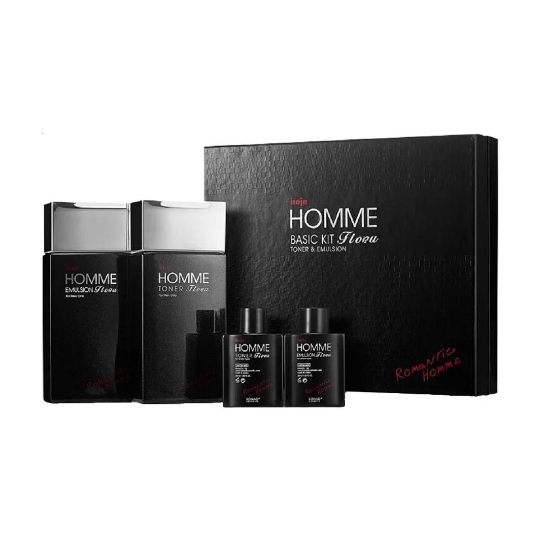 Чоловічий набір для обличчя Konad Iloje Flobu Homme Basic Kit (тонер, 140 мл + емульсія, 140 мл + тонер, 30 мл + емульсія, 30 мл)